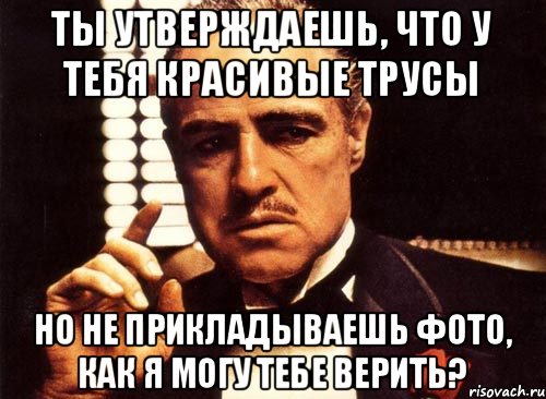 ты утверждаешь, что у тебя красивые трусы но не прикладываешь фото, как я могу тебе верить?, Мем крестный отец