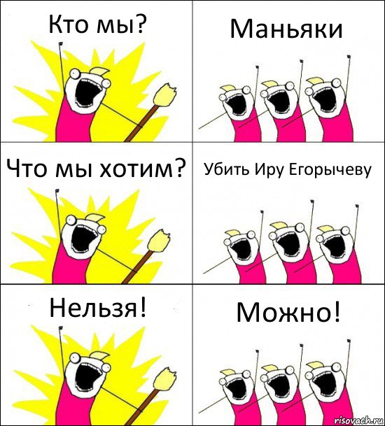 Кто мы? Маньяки Что мы хотим? Убить Иру Егорычеву Нельзя! Можно!