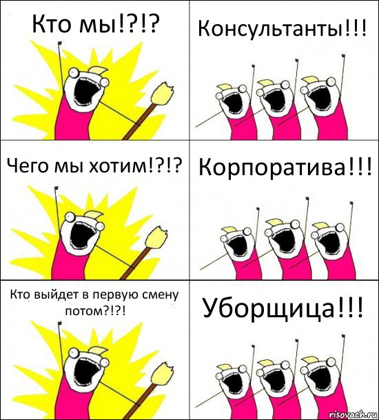 Кто мы!?!? Консультанты!!! Чего мы хотим!?!? Корпоратива!!! Кто выйдет в первую смену потом?!?! Уборщица!!!, Комикс кто мы