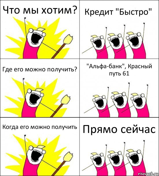 Что мы хотим? Кредит "Быстро" Где его можно получить? "Альфа-банк", Красный путь 61 Когда его можно получить Прямо сейчас