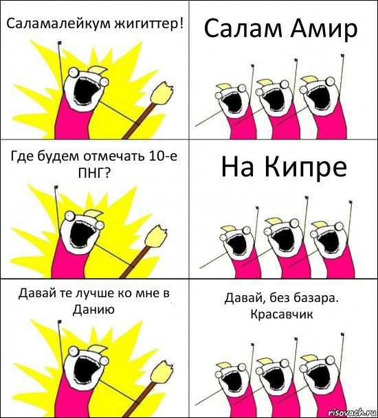 Саламалейкум жигиттер! Салам Амир Где будем отмечать 10-е ПНГ? На Кипре Давай те лучше ко мне в Данию Давай, без базара. Красавчик