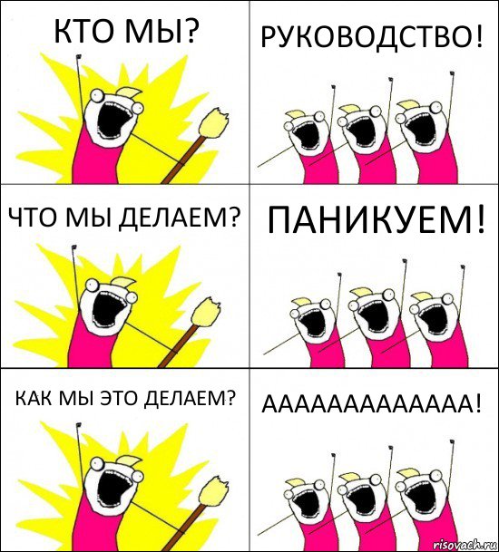 КТО МЫ? РУКОВОДСТВО! ЧТО МЫ ДЕЛАЕМ? ПАНИКУЕМ! КАК МЫ ЭТО ДЕЛАЕМ? ААААААААААААА!, Комикс кто мы