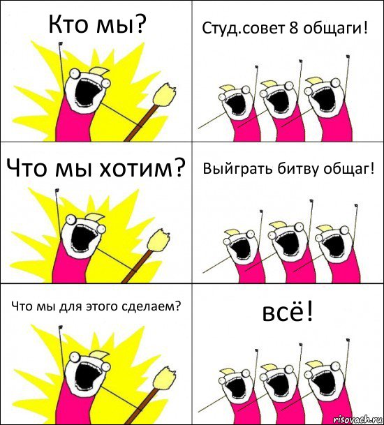 Кто мы? Студ.совет 8 общаги! Что мы хотим? Выйграть битву общаг! Что мы для этого сделаем? всё!