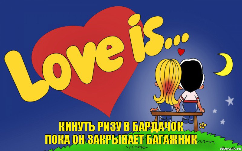 КИНУТЬ РИЗУ В БАРДАЧОК
ПОКА ОН ЗАКРЫВАЕТ БАГАЖНИК, Комикс Love is