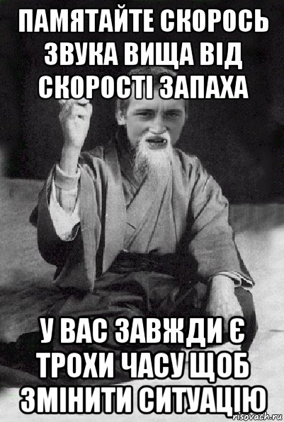 Памятайте скорось звука вища від скорості запаха у вас завжди є трохи часу щоб змінити ситуацію, Мем Мудрий паца