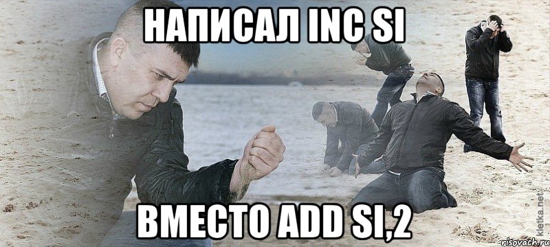 Написал inc si вместо add si,2, Мем Мужик сыпет песок на пляже