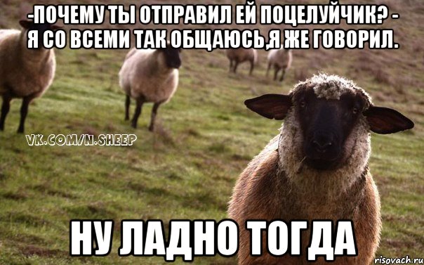 -Почему ты отправил ей поцелуйчик? - Я со всеми так общаюсь,я же говорил. Ну ладно тогда, Мем  Наивная Овца