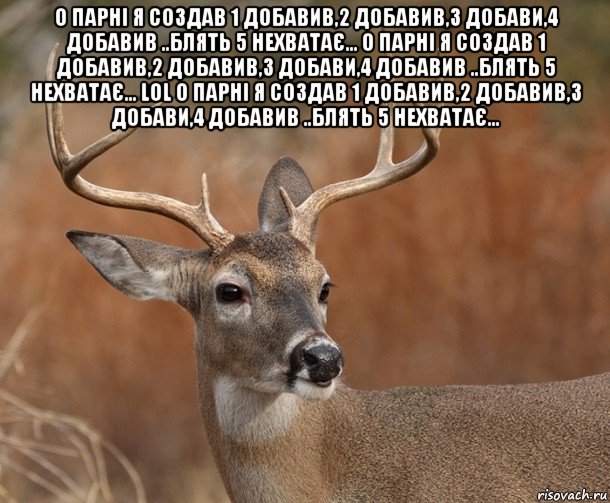 о парні я создав 1 добавив,2 добавив,3 добави,4 добавив ..блять 5 нехватає... о парні я создав 1 добавив,2 добавив,3 добави,4 добавив ..блять 5 нехватає... lol о парні я создав 1 добавив,2 добавив,3 добави,4 добавив ..блять 5 нехватає... , Мем  Наивный Олень v2