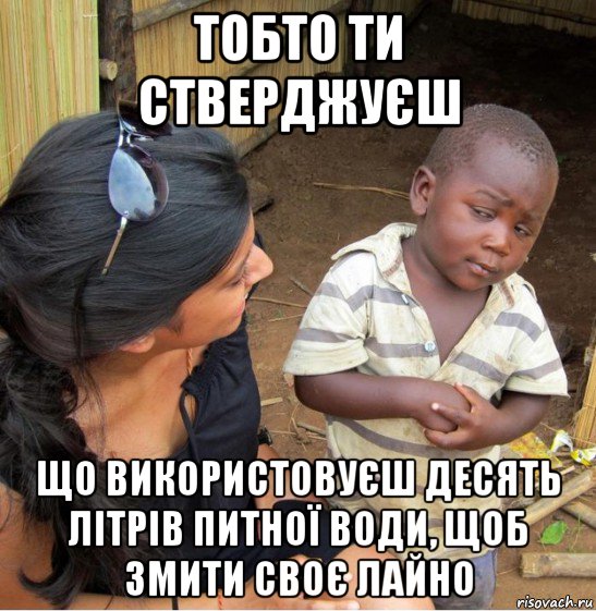 тобто ти стверджуєш що використовуєш десять літрів питної води, щоб змити своє лайно, Мем    Недоверчивый негритенок