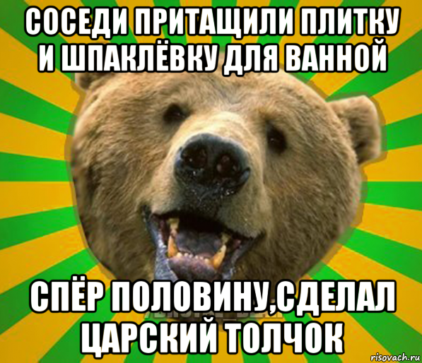 соседи притащили плитку и шпаклёвку для ванной спёр половину,сделал царский толчок, Мем Нелепый медведь