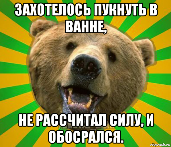 захотелось пукнуть в ванне, не рассчитал силу, и обосрался., Мем Нелепый медведь