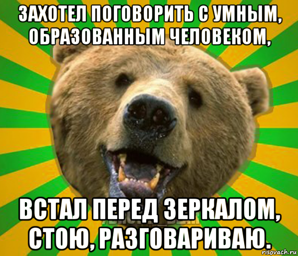 захотел поговорить с умным, образованным человеком, встал перед зеркалом, стою, разговариваю., Мем Нелепый медведь