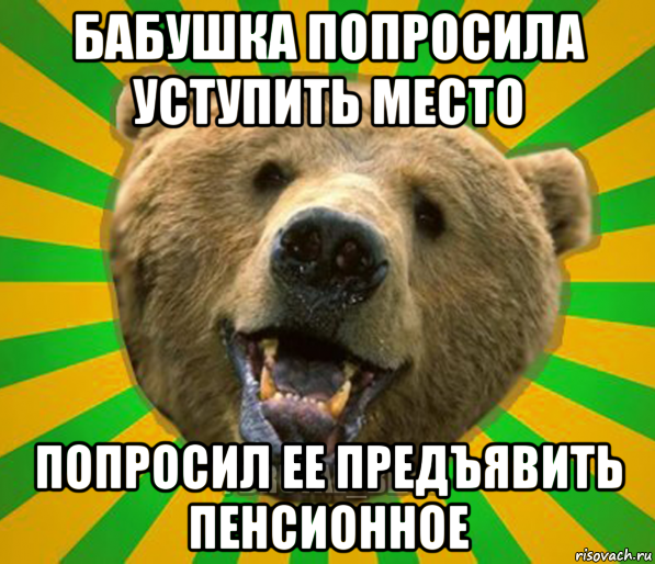 бабушка попросила уступить место попросил ее предъявить пенсионное, Мем Нелепый медведь