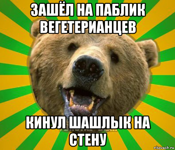 зашёл на паблик вегетерианцев кинул шашлык на стену, Мем Нелепый медведь