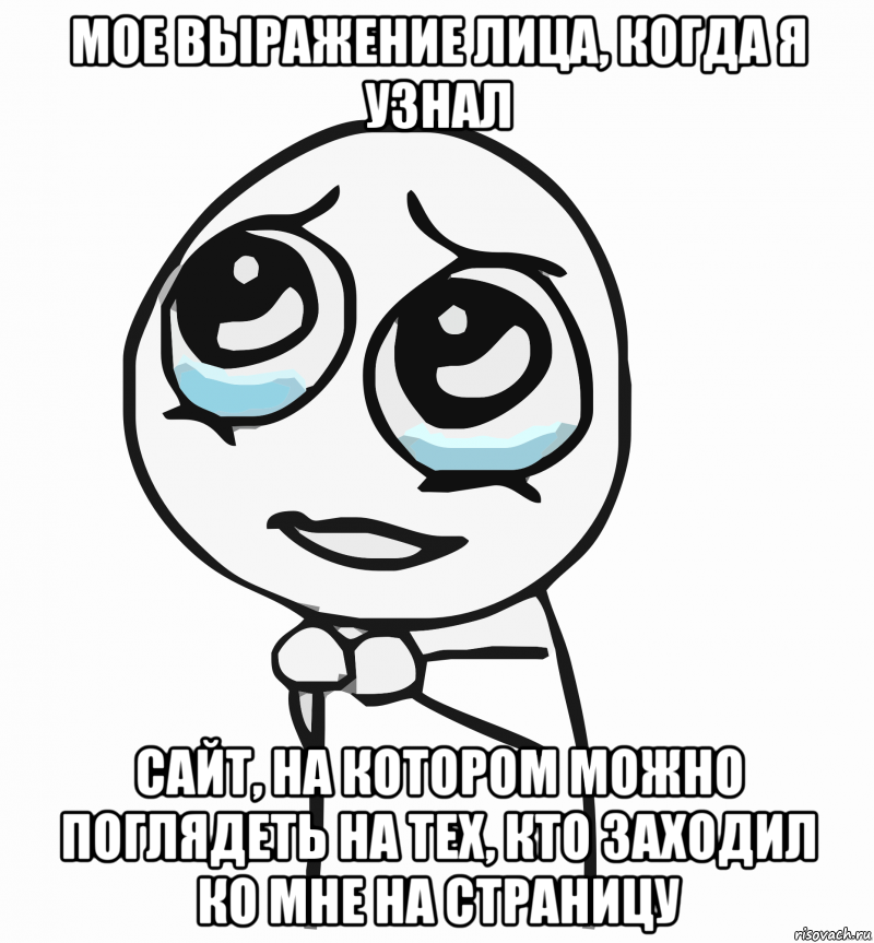 мое выражение лица, когда я узнал сайт, на котором можно поглядеть на тех, кто заходил ко мне на страницу, Мем  ну пожалуйста (please)