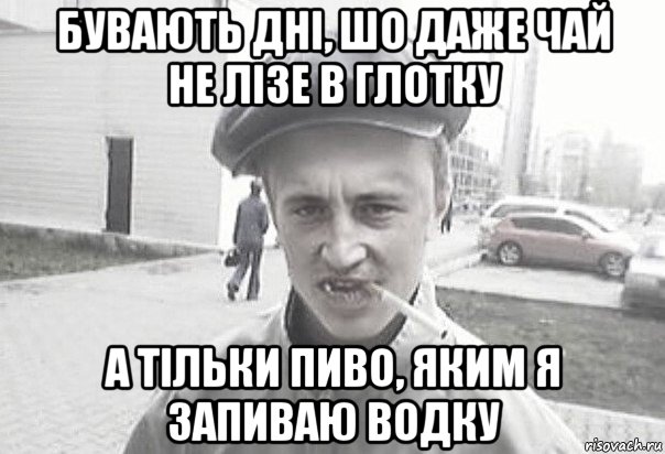 бувають дні, шо даже чай не лізе в глотку а тільки пиво, яким я запиваю водку, Мем Пацанська философия