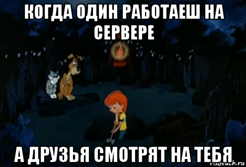 когда один работаеш на сервере а друзья смотрят на тебя, Мем Простоквашино закапывает