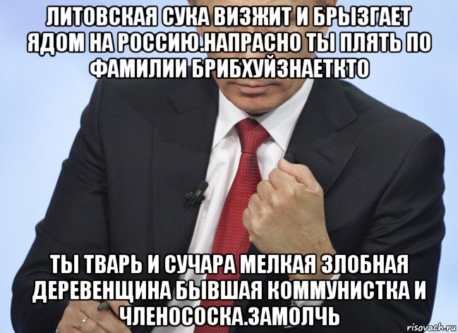 литовская сука визжит и брызгает ядом на россию.напрасно ты плять по фамилии брибхуйзнаеткто ты тварь и сучара мелкая злобная деревенщина бывшая коммунистка и членососка.замолчь