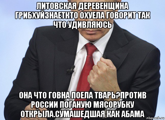 литовская деревенщина грибхуйзнаеткто охуела говорит так что удивляюсь она что говна поела тварь?против россии поганую мясорубку открыла.сумашедшая как абама, Мем Путин показывает кулак