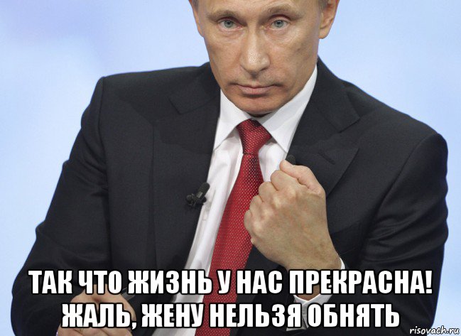  так что жизнь у нас прекрасна! жаль, жену нельзя обнять, Мем Путин показывает кулак