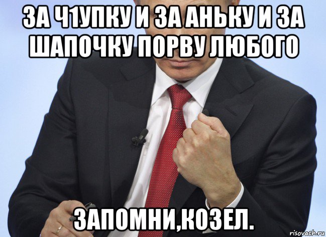 за ч1упку и за аньку и за шапочку порву любого запомни,козел., Мем Путин показывает кулак