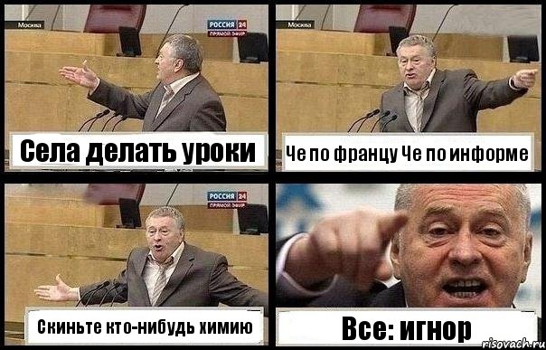 Села делать уроки Че по францу Че по информе Скиньте кто-нибудь химию Все: игнор