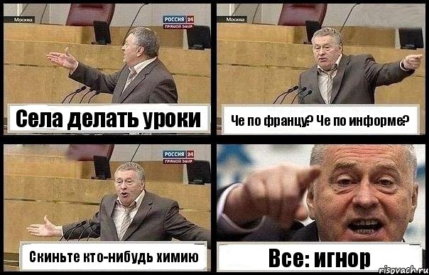 Села делать уроки Че по францу? Че по информе? Скиньте кто-нибудь химию Все: игнор, Комикс с Жириновским