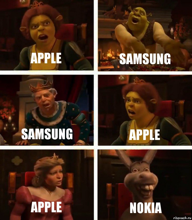 Apple Samsung Samsung Apple Apple Nokia, Комикс  Шрек Фиона Гарольд Осел