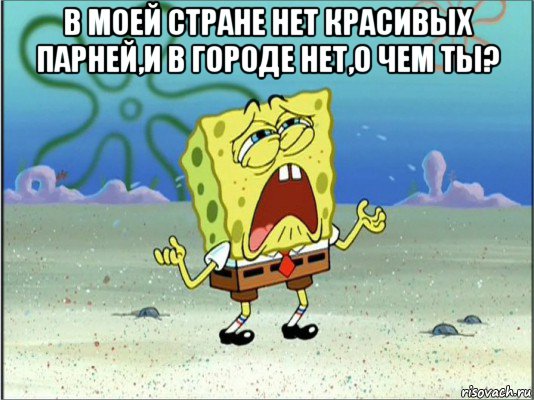 в моей стране нет красивых парней,и в городе нет,о чем ты? , Мем Спанч Боб плачет