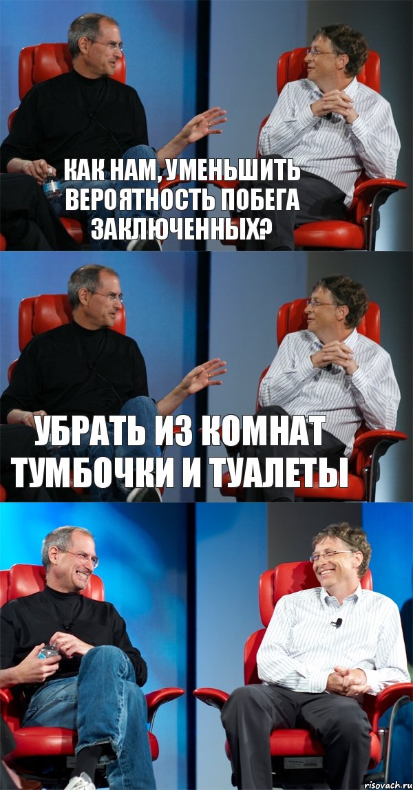 Как нам, уменьшить вероятность побега заключенных? Убрать из комнат тумбочки и туалеты , Комикс Стив Джобс и Билл Гейтс (3 зоны)