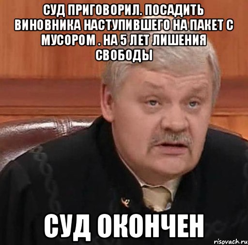 Суд приговорил. Посадить виновника наступившего на пакет с мусором . на 5 лет лишения свободы Суд окончен, Мем Судья