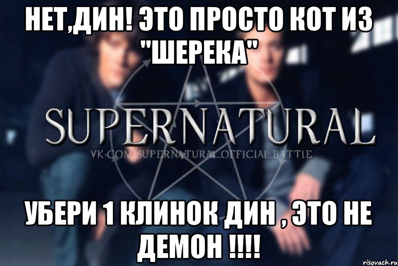 Нет,Дин! Это просто кот из "Шерека" Убери 1 клинок Дин , это не демон !!!!, Мем  Supernatural