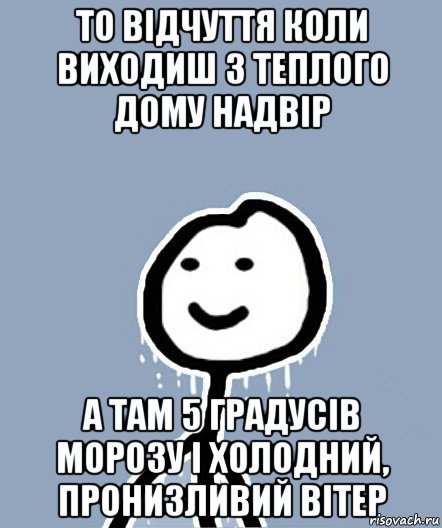 то відчуття коли виходиш з теплого дому надвір а там 5 градусів морозу і холодний, пронизливий вітер, Мем  Теребонька замерз