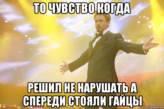 то чувство когда решил не нарушать а спереди стояли гайцы, Мем Тони Старк (Роберт Дауни младший)