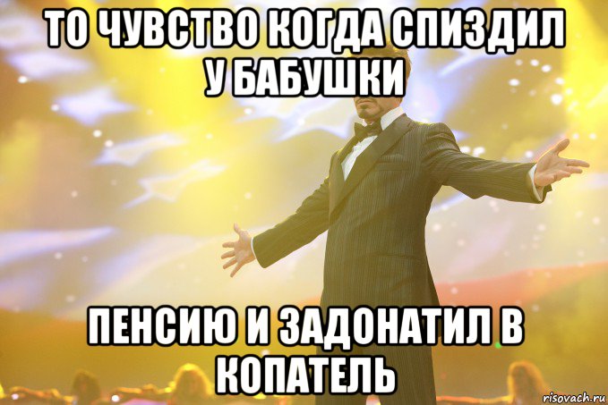 То чувство когда спиздил у бабушки пенсию и задонатил в копатель, Мем Тони Старк (Роберт Дауни младший)