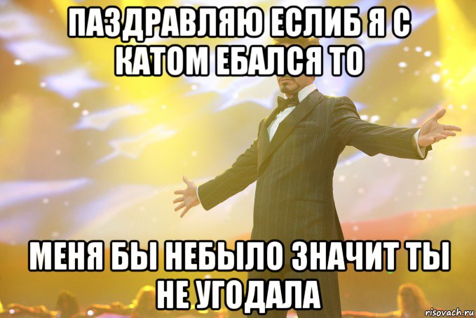 ПАЗДРАВЛЯЮ ЕСЛИБ я с катом ебался то меня бы небыло значит ты не угодала, Мем Тони Старк (Роберт Дауни младший)