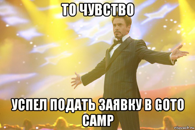 то чувство успел подать заявку в goto camp, Мем Тони Старк (Роберт Дауни младший)