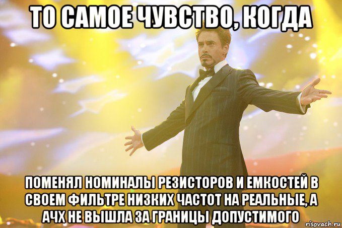 то самое чувство, когда поменял номиналы резисторов и емкостей в своем фильтре низких частот на реальные, а ачх не вышла за границы допустимого, Мем Тони Старк (Роберт Дауни младший)