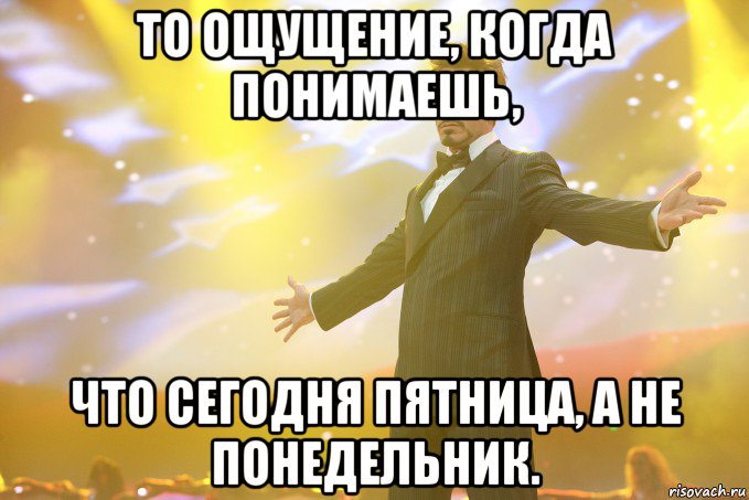 то ощущение, когда понимаешь, что сегодня пятница, а не понедельник., Мем Тони Старк (Роберт Дауни младший)