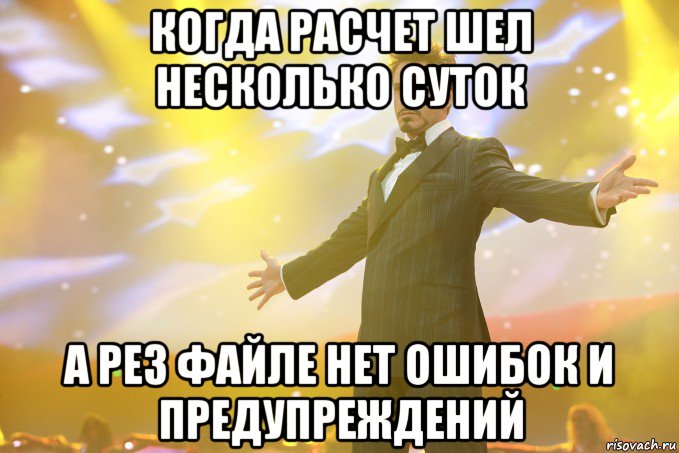 когда расчет шел несколько суток а рез файле нет ошибок и предупреждений, Мем Тони Старк (Роберт Дауни младший)