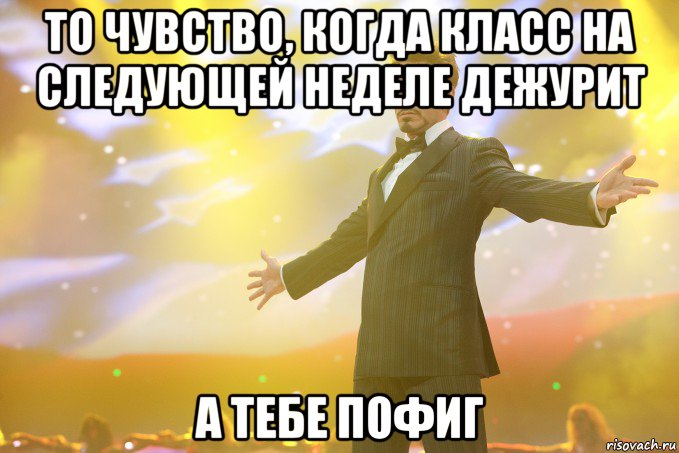 то чувство, когда класс на следующей неделе дежурит а тебе пофиг, Мем Тони Старк (Роберт Дауни младший)