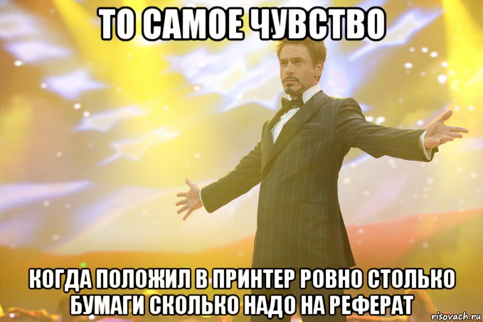 то самое чувство когда положил в принтер ровно столько бумаги сколько надо на реферат, Мем Тони Старк (Роберт Дауни младший)