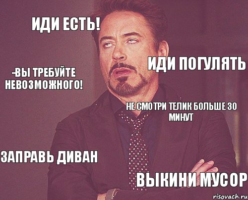 Иди есть! Не смотри телик больше 30 минут Заправь диван Выкини мусор Иди погулять -вы требуйте невозможного!, Мем твое выражение лица