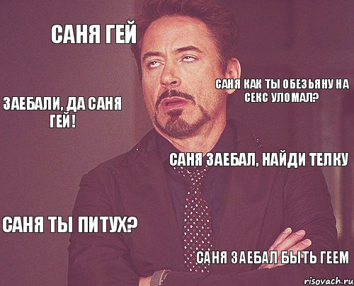 Саня гей Саня заебал, найди телку Саня ты питух? Саня заебал быть Геем Саня как ты обезьяну на СЕКС уломаЛ? ЗАЕБАЛИ, ДА САНЯ ГЕЙ!, Мем твое выражение лица