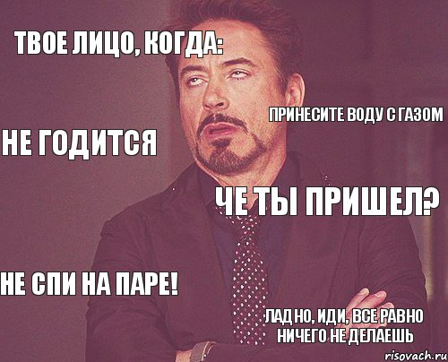 Твое лицо, когда: че ты пришел? не спи на паре! ладно, иди, все равно ничего не делаешь принесите воду с газом не годится, Мем твое выражение лица