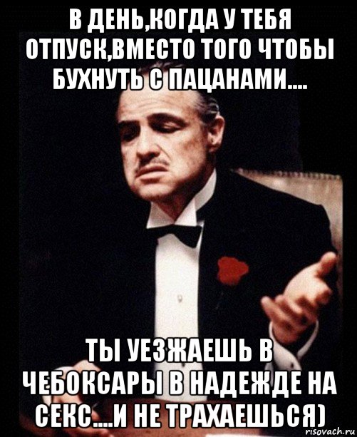 в день,когда у тебя отпуск,вместо того чтобы бухнуть с пацанами.... ты уезжаешь в чебоксары в надежде на секс....и не трахаешься)