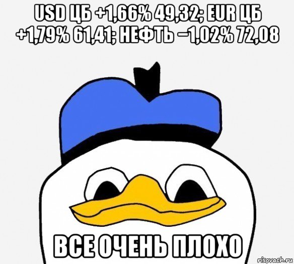 usd цб +1,66% 49,32; eur цб +1,79% 61,41; нефть −1,02% 72,08 все очень плохо, Мем Утка