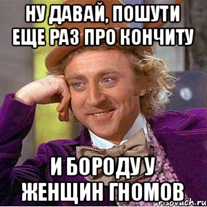 Ну давай, пошути еще раз про Кончиту и бороду у женщин гномов, Мем Ну давай расскажи (Вилли Вонка)