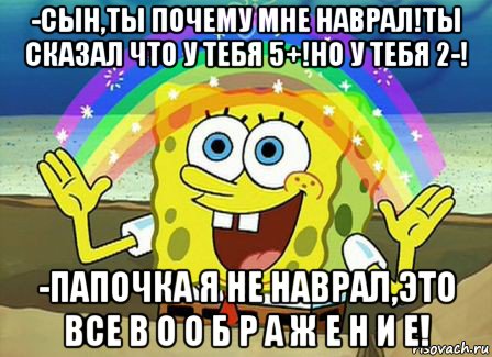 -сын,ты почему мне наврал!ты сказал что у тебя 5+!но у тебя 2-! -папочка я не наврал,это все в о о б р а ж е н и е!, Мем Воображение (Спанч Боб)