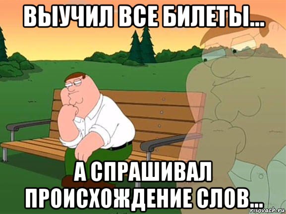 выучил все билеты... а спрашивал происхождение слов..., Мем Задумчивый Гриффин